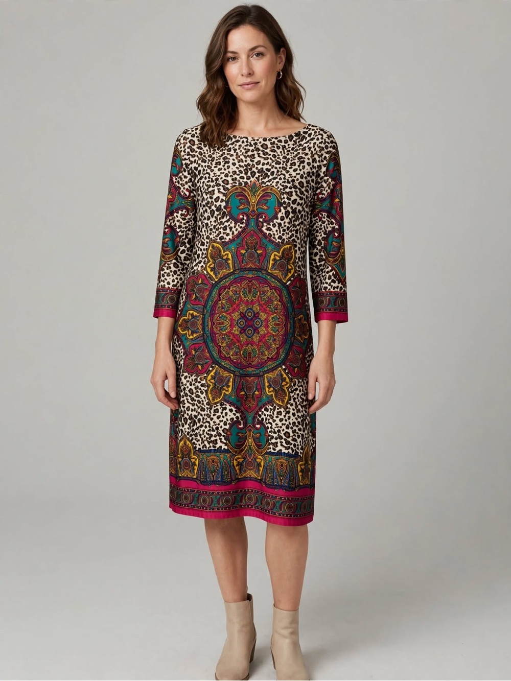 London Times shift dress Bohemian Medallion and Leopard Mix - Pink Accent